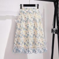 2021春夏清新碎花重工刺绣半身裙蕾丝裙中长裙 A字大摆修身仙女裙 浅蓝 2XL 130-140斤