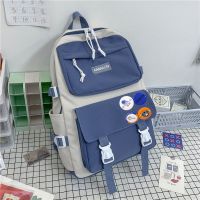 背包男双肩包女2021新款时尚ins日系男士书包大学生女休闲旅行包 蓝色+4徽章