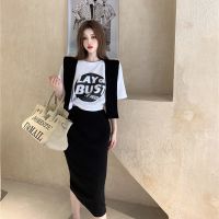 休闲时尚套装女夏季2021新款韩版宽松短袖上衣高腰半身裙三件套女 黑印花T恤 S 80-95斤
