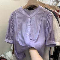 欧货2021夏新款立领短袖雪纺衬衫女上衣洋气紫色泡泡袖仿天丝小衫 紫罗兰 M [建议80-100斤]