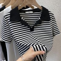 条纹t恤女短袖设计感小众气质polo衫夏季V领修身显瘦黑白撞色上衣 条纹 S
