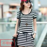 夏季新款棉修身百搭黑白短袖连衣裙时尚气质韩版大码女条纹打底裙 188黑白条不带绳 188 S 75-95