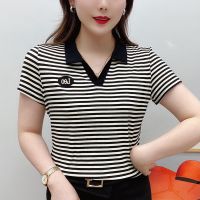 T恤POLO领春夏2022新款女黑白条纹修身短袖洋气显瘦百搭上衣打底 T04#V领[黑白条纹] M