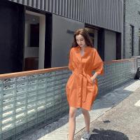 2021夏季新款韩版时尚Polo衬衫连衣裙显瘦收腰百搭长款衬衣裙子女 橘色 S 90-115斤