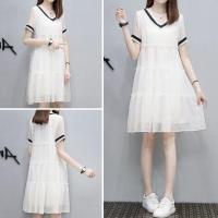 夏装女2022新款V领娃娃裙网纱裙宽松显瘦遮肉小个子a字气质连衣裙 白色 S