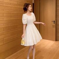 法式复古方领短袖连衣裙女夏季新款减龄收腰显瘦泡泡袖气质裙子潮 白色 优质面料,做工精细 S 建议70-90斤