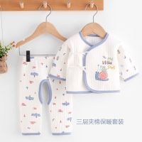 新生儿薄棉棉衣两件套装系带和尚服初生婴儿冬季衣服保暖棉袄棉裤 蓝色蜗牛pfP004(套装) 52