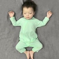 婴儿连体衣春秋装宝宝哈衣新生儿睡衣斜襟护肚2-8-18月婴儿外出服 [韩绿色开衫] 66码建议0-3个月