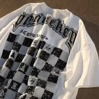 原创国潮牌短袖t恤男女同款棋牌格子印花百搭学生情侣装上衣ins潮 白色 S