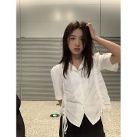 白色系带衬衫女设计感小众短款收腰上衣夏季新款宽松短袖衬衣女 白色 [收藏关注店铺优先发货] 2XL [135-150]