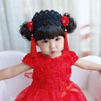 宝宝假发发带百天抓周岁唐装头花婴儿童汉服发夹女孩古装刘海配饰 黑色波浪发网流苏红花 3-6个月41cm
