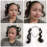 女童宝宝搞怪假发女发箍装扮长卷发逼真双马尾发饰可爱蝴蝶结发卡 黑色假发发箍(成人儿童适用)