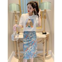 时尚短裙套装夏季女装2022新款洋气轻熟可盐可甜t恤裙子两件套装 印花上衣+半身裙 L