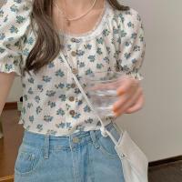 露脐甜辣上衣ins短款修身方领蕾丝花边泡泡袖碎花复古短袖T恤女夏 Y888-碎花t恤-(不起球不褪色) S建议90-10