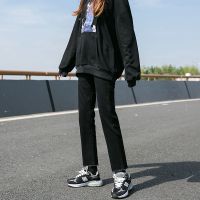 高腰直筒牛仔裤女宽松阔腿2022春季新款显瘦百搭九分开叉烟管裤子 黑色(长裤) (常规) 32