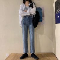 春秋韩版女装宽松显瘦阔腿裤高腰直筒牛仔裤复古百搭休闲学生长裤 蓝色九分裤8168 S