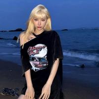 露肩短袖t恤女2022夏季新款ins宽松百搭甜辣妹印花小众设计感上衣 纯黑色 S