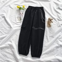 春秋新款套装女学生韩版宽松设计感长袖衬衫+高腰工装裤两件套潮 单条黑色裤子[不送领带] S 建议70-90斤