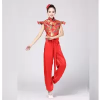 女舞蹈服礼服龙锦礼服女款喜庆表演服亮片舞蹈裙中国风打鼓服伴娘 红色裤款 S
