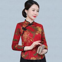 21秋冬新旗袍领中袖T恤妈妈装遮肚洋气上衣中年女装中国风打底衫 红色凤尾 长袖 XL 建议85-105斤左右