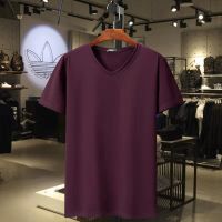 特大码潮胖子冰丝大码短袖t恤男士360斤肥佬宽松加肥加大半袖上衣 鸿郎V领纯色酒红色 3XL(150-170斤)