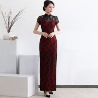 20款夜上海旗袍长款大码改良舞蹈表演复古旗袍演出服连衣裙中国风 黑 红 斜 S