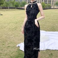 黑色珍珠领无袖改良旗袍中长款修身连衣裙军阀中国风优雅植绒夏季 黑色无袖 S