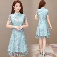 旗袍碎花雪纺连衣裙女装2022年春季新款气质修身显瘦网纱刺绣裙子 绿色 M 建议90-100斤