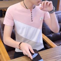 男士短袖t恤男冰丝2021新款夏装潮潮流夏季男款半袖修身男装上衣 单件805上粉色 M建议[100斤以内]