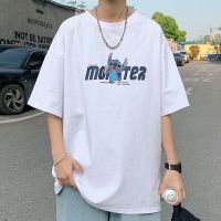 t恤男夏季2021新款男生ins超火短袖潮流潮牌港风学生宽松半袖衣服 白色T97MO史迪仔 XS [30斤内可穿]