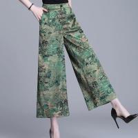 阔腿裤九分裤清仓特价断码高仿真丝女装尾单剪标印花仿桑蚕丝裤子 绿色 L