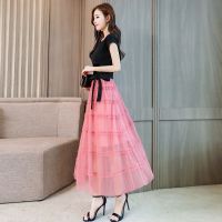 夏季网纱连衣裙2021新款女装有女人味很仙的气质裙子过膝淑女长裙 粉红色 L 适合胸围80-84穿着