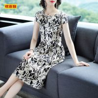 特价清仓杭州丝绸真丝连衣裙女中长款妈妈夏装香云纱裙子高档时尚 白底黑花 M 95-105斤