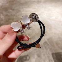 猫眼石桃心头绳2021新款蝴蝶结发绳女简约气质丸子头扎马尾皮筋 银白色加桃心猫眼石