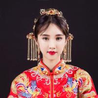 秀禾新娘古装头饰步摇流苏套装中式婚礼旗袍秀禾服古风凤冠发饰女 T100套装耳夹款(送备用耳钩)