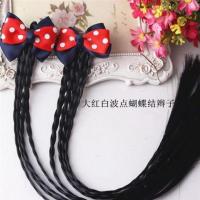 儿童蝴蝶结小辫子假发头饰品女童新款头花发夹宝宝花朵发饰一对价 红底白波点小辫子一对