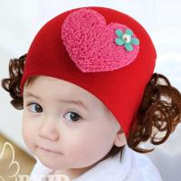 棉布帽春秋女宝宝假发帽2-20月婴幼儿套头帽婴儿帽子小公主可爱帽 棉布边发花片爱心-大红 2-8个月 小号/头围35-4
