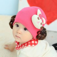 婴儿帽子春夏薄款女童蝴蝶结护囟门卤门帽宝宝可爱超萌公主假发帽 兔子玫红色--假发帽