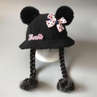 儿童假发帽子女宝宝秋冬天季羊羔绒保暖帽女童带假发婴幼儿保暖帽 黑色蝴蝶结 约1岁半-4岁(48-50cm)