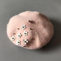 女童羊毛呢长发贝雷帽儿童帽韩国帽子女宝宝小女孩礼帽秋冬假发帽 粉色花朵光帽 参考年龄1-4岁(48-51cm)