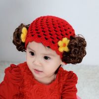 2021新款宝宝假发帽子可爱女宝宝婴儿公主帽子春秋女孩毛线帽子 大红2朵花 0-3个月