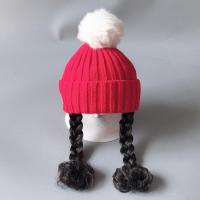秋冬婴儿童女童毛线帽子长辫子女宝宝假发帽女孩护耳帽 红色 参考年龄5月-2岁(40-48cm)
