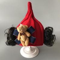 婴儿童假发帽子3-6-12个月男女宝宝帽子1-2岁春秋冬季保暖毛线帽 红色小熊发球 帽围42cm-参考年龄(3-6个月)