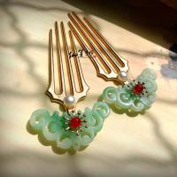 原创三色<祥云插梳>压鬓玉镂空明制发钗发梳复古发簪汉服百搭发饰 [仿东陵玉]1对 红玛瑙