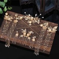 中式新娘金色凤冠头饰古装头饰秀和服龙凤褂配饰古装汉服后发梳 G012-九件套耳夹款