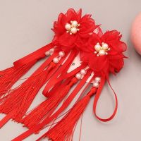 儿童汉服头饰超仙女中国风发饰流苏步摇飘带女童成人头花古装对夹 红色 一对