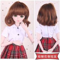 60厘米芭比叶罗丽娃娃的假头发衣服夜萝莉3分BJD凯蒂直卷发套六十 棕色梨花卷短卷[没有赠品] 假发[送护理液+发套贴+