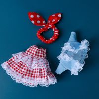 换装16/17厘米O.b.11娃衣6寸bjd娃娃衣服8分兔耳朵套装带头饰裙子 31号大红格+牛仔外套(只衣服)
