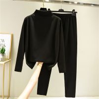 [48小时发货]双面德绒自发热打底衫女秋冬长袖半高领保暖上衣秋衣秋裤两件套装 黑色 M