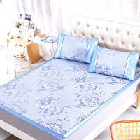 夏季冰丝凉席1.5m1.8米三件套可折叠单人席1.2米学生席0.9m0.6米 缘定今生-蓝 枕头套1个